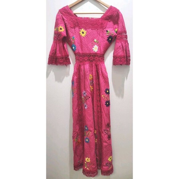 Stunning VTG MEXICAN OAXACA WEDDING PENTUCK Pink Lace FLORAL EMBROIDERY Dress XS - Picture 2 of 8